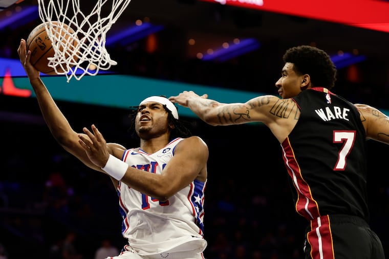 Sixers guard Ricky Council IV goes in for a layup against the Miami Heat on March 29.