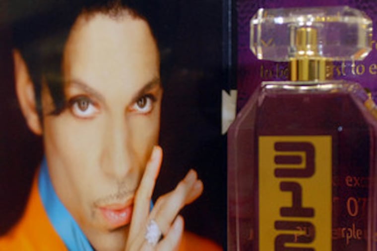 A promotional photograph of Prince, beside a bottle of his fragrance, 3121.