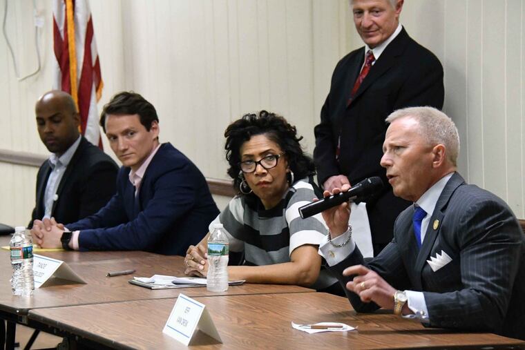 Northfield NJ VFW Candidates Night. Left to Right:.Will Cunningham, Sean Thom, Tanzie Youngblood, Jeff Van Drew and Moderator, Paul Utts(Rear).