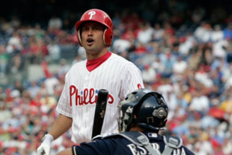 Shane Victorino was less than thrilled by being called out on strikes in the sixth inning. The Fightin's saw their three-game winning streak come to an end.