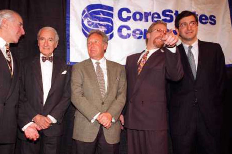 Former Sixers owner Harold Katz, center, alongside, from left to right, Ed Snider, Ralph Roberts, Pat Croce, and Brian Roberts at a 1996 news conference at the Spectrum when Comcast bought the franchise he owned.