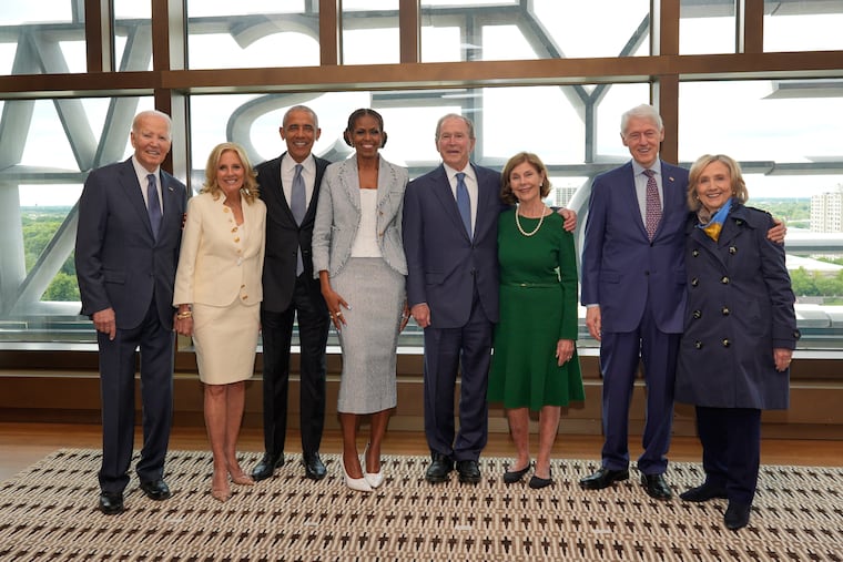 Former President Joe Biden and former first lady Jill Biden, from left, former President Barack Obama and former first lady Michelle Obama, former President George W. Bush and former first lady Laura Bush, and former President Bill Clinton and former Secretary of State Hillary Clinton pose for a photo ahead of the dedication ceremony at the Obama Presidential Center, Thursday, June 17, 2026, in Chicago.