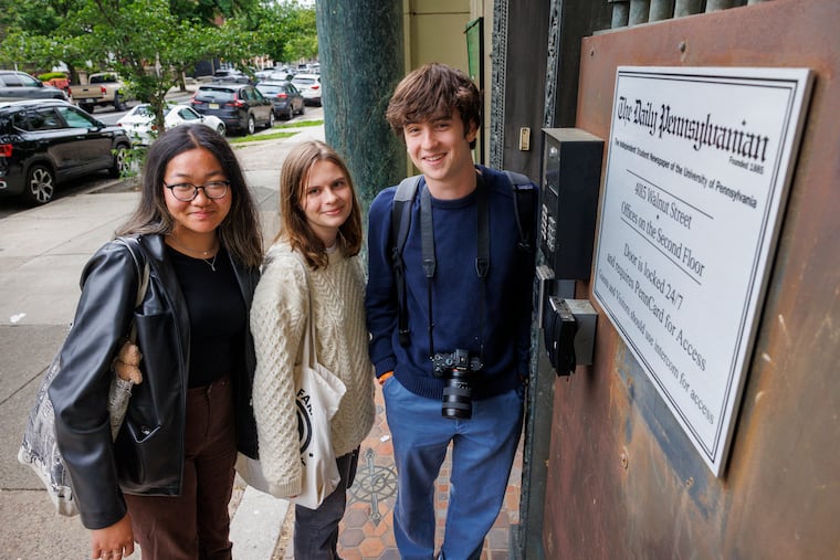 From left are politics editor Diamy Wang, from Alhambra, Calif.; news editor Katie Bartlett, from Westfield, N.J., and reporter/photographer Ethan Young, from Philadelphia, outside the offices of the Daily Pennsylvanian.