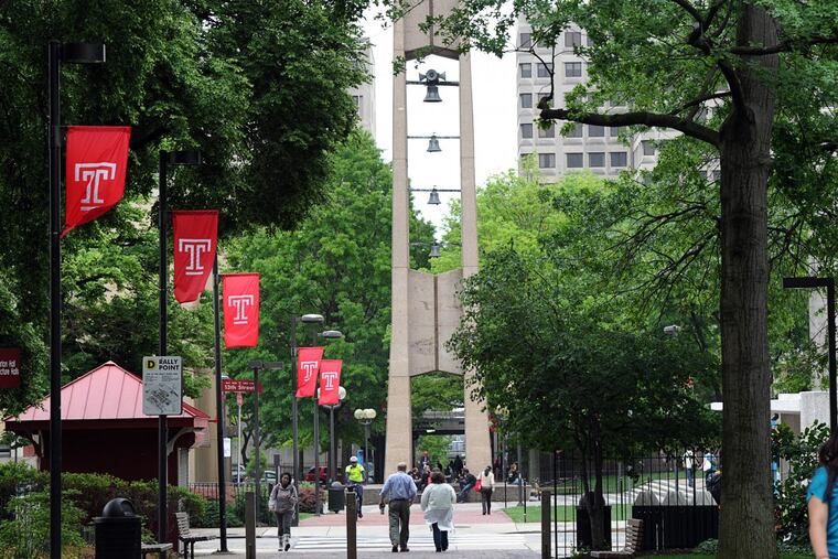 A Campus view of Temple University with the well-known bell tower in the background.