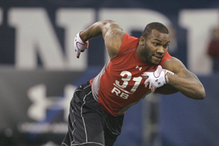 Ohio State running back Chris "Beanie" Wells running a drill at the NFL scouting combine on Sunday, Feb. 22. He could be Brian Westbrook's successor if the Eagles draft him with the 21st pick overall.