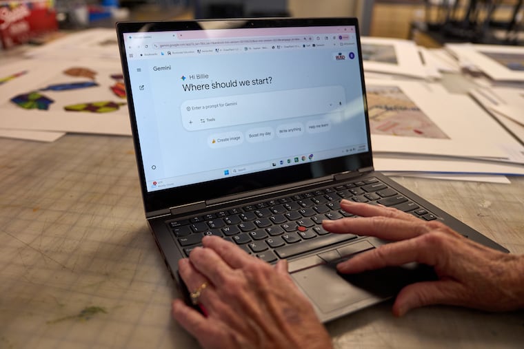 A teacher uses the AI tool Google Gemini in her high school classroom in Riverside, Calif.