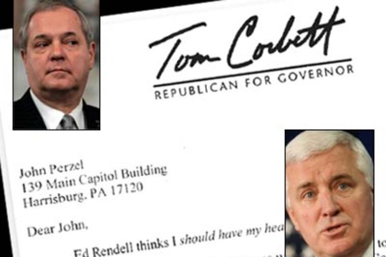 State Rep. John Perzel, left, received a letter asking for a donation to the gubernatorial campaign of state Attorney General Tom Corbett, right.