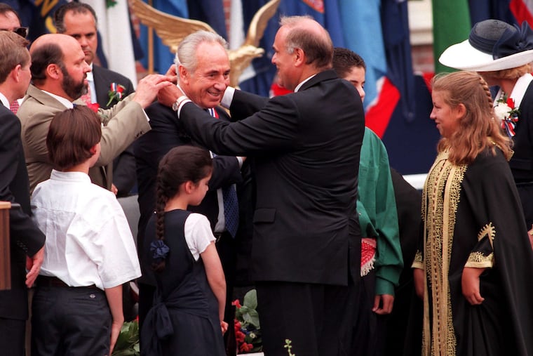 Shimon Peres receiving the 1996 Liberty Medal from Mayor Ed Rendell. He shared the prize with King Hussein of Jordan.