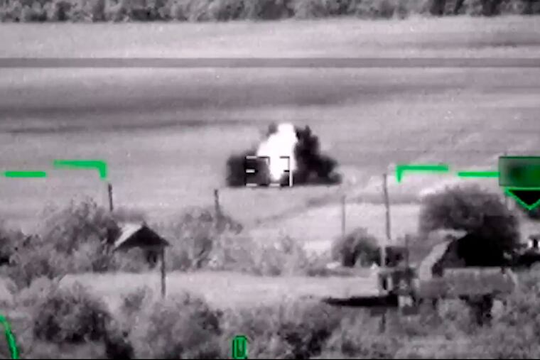 In this image from video, released by the Russian Defense Ministry Press Service, shows what Russia claimed was the destruction of a German-made Leopard tank.