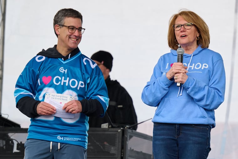 Joe Mitchell, left, will succeed Madeline Bell as CEO of Children's Hospital of Philadelphia in October. The two spoke at a fundraiser in April that raised $1.7 million for CHOP.