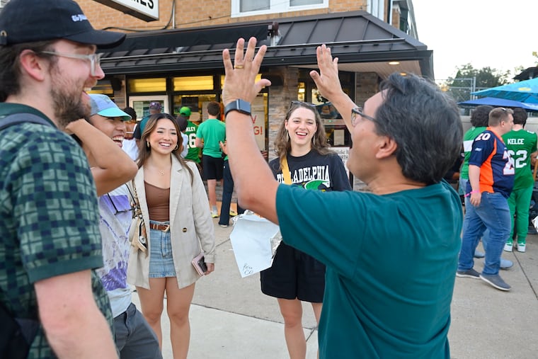 Philadelphia Inquirer staffers meet at Dalessandro’s Steaks after racing from Lincoln Financial Field via different modes of transportation after the Eagles game on Sunday, Oct. 5, 2025.
