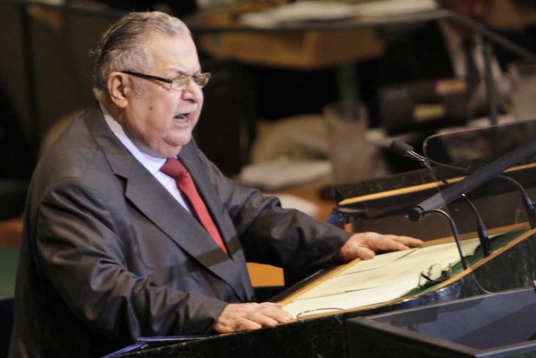 Iraqi President Jalal Talabani speaking during the 66th session of the General Assembly at United Nations headquarters on Sept. 23, 2011. He suffered a stroke the next year and was permanently hospitalized.
