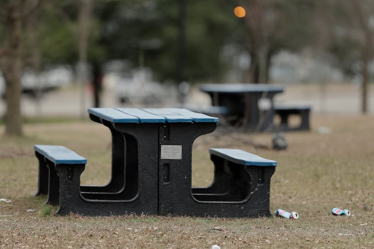 Subaru has a program that turns recycled plastics in to benches, picnic tables and playground equipment. These picnic tables, donated by Subaru, were photographed in Dudley Park, Camden on January 24, 2019.