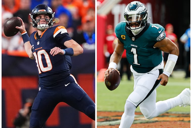 Quarterbacks Bo Nix (left) of the Broncos and Jalen Hurts of the Eagles.