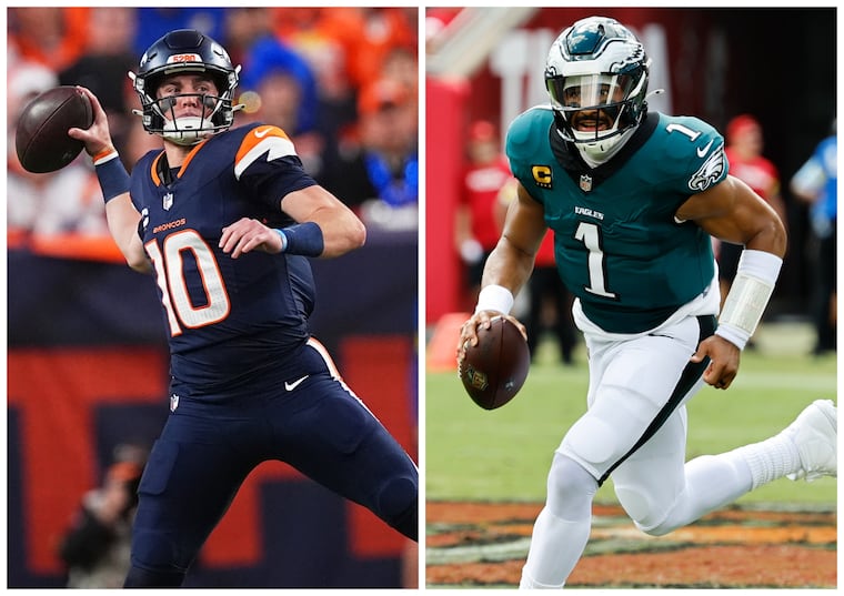 From left: Quarterbacks Bo Nix of the Broncos and Jalen Hurts of the Eagles