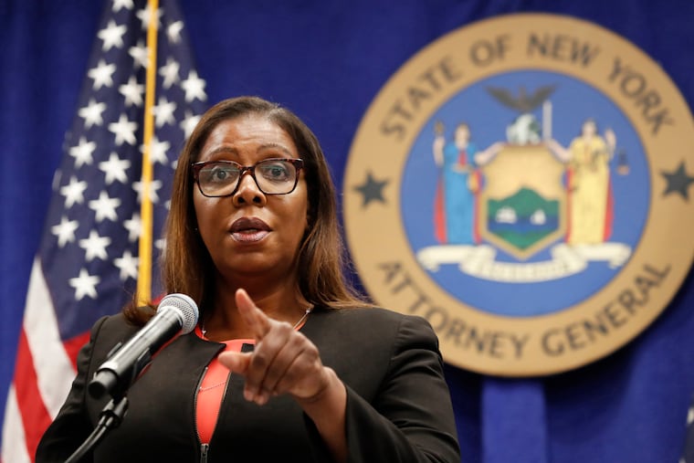 FILE- In this Aug. 6, 2020 file photo, New York State Attorney General Letitia James takes a question at a news conference in New York. The Office of the New York Attorney General said in a new report, Thursday, May 6, 2021, that a campaign funded by the broadband industry submitted millions of fake comments supporting the 2017 repeal of net neutrality. The Federal Communications Commission’s contentious 2017 repeal undid Obama-era rules that the broadband industry had sued to stop. (AP Photo/Kathy Willens, File)