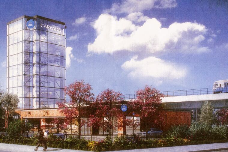 This rendering shows the design of the Carvana auto dealership planned for Front Street in Fishtown. The Market-Frankford El runs along the edge to the site, but the site is bordered by a rowhouse neighborhood.