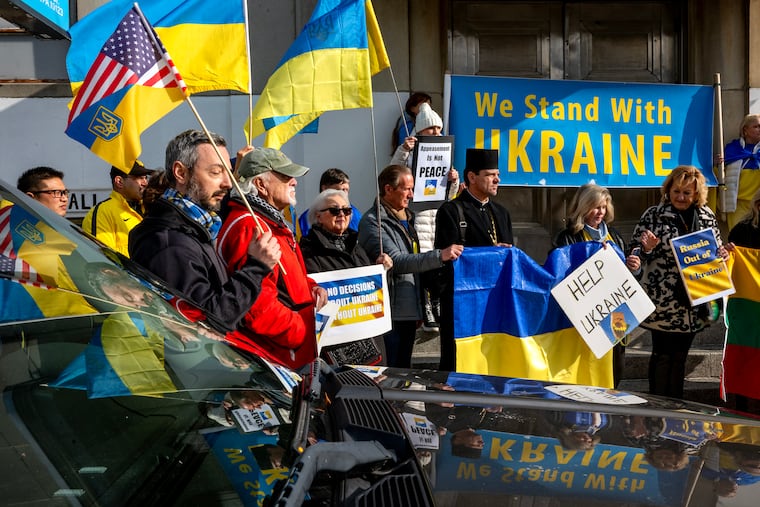 Ukrainians and Ukrainian Americans hold an emergency rally Sunday, Nov. 23, 2025, to protest the 28-point “peace plan” for Ukraine put together by Washington and Moscow.