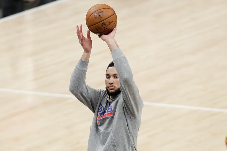 Sixers guard Ben Simmons shoots a free throw during warm-ups before the Sixers play the Atlanta Hawks in Game 6 of the NBA Eastern Conference playoff semifinals on Friday, June 18, 2021 in Atlanta.