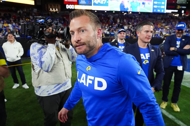 Los Angeles Rams head coach Sean McVay walks off the field after an NFL wild-card playoff football game against the Minnesota Vikings, Monday, Jan. 13, 2025, in Glendale, Ariz. (AP Photo/Ross D. Franklin)