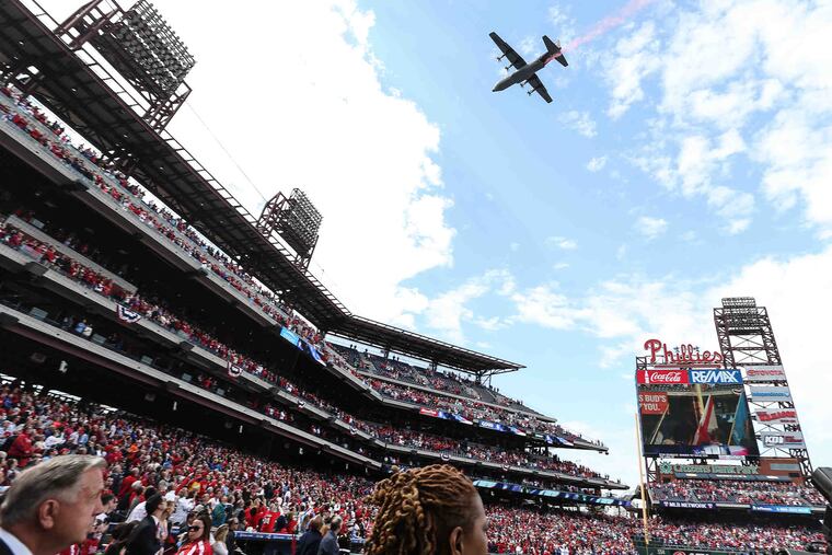 A military fly-over before opening day at Citizens Bank Park in 2016. The sky should look similar for the Phillies' home opener on Thursday.