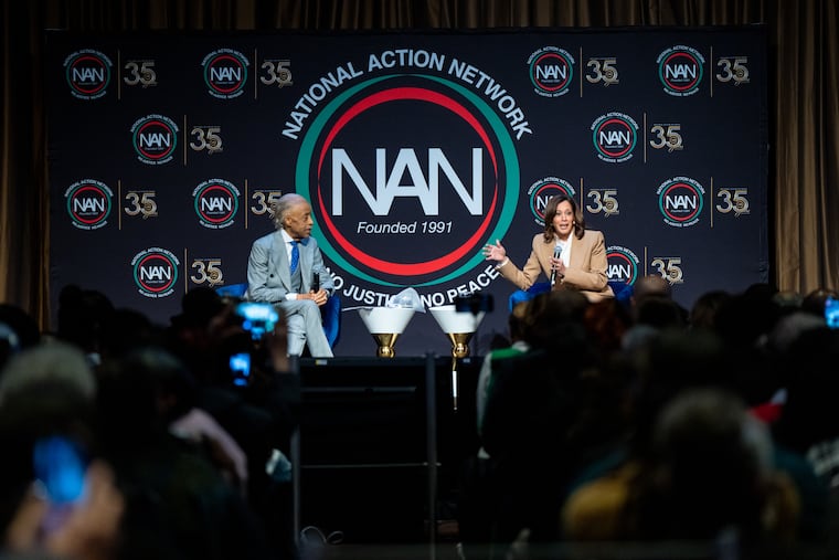 Kamala Harris, former Vice President and 2024 Presidential candidate, speaks with Reverend Al Sharpton during the National Action Network (NAN) Convention in New York, Friday, April 10, 2026. (AP Photo/Angelina Katsanis)