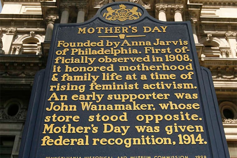 A plaque on Market Street near City Hall honors Anna Jarvis of Philadelphia as the founder of Mother's Day. (Charles Fox/Staff Photographer)