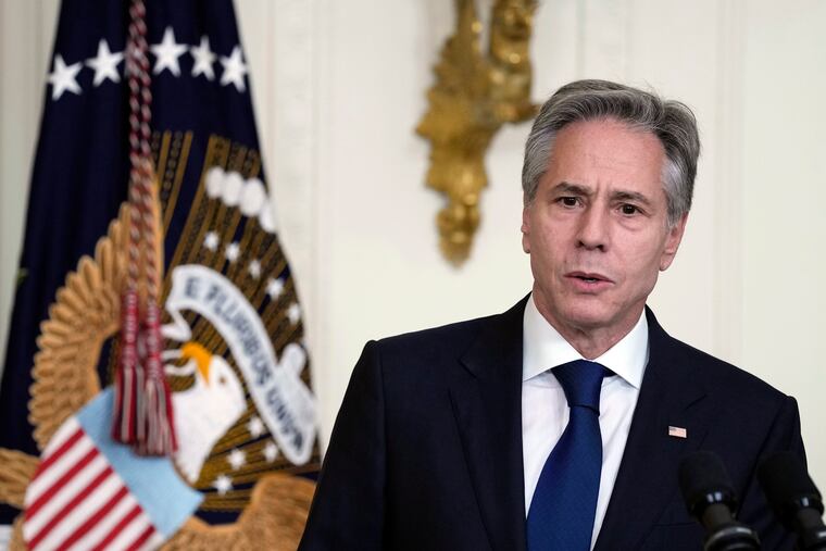 U.S. Secretary of State Antony Blinken speaks at a chiefs of mission reception in the East Room of the White House in Washington on Tuesday.