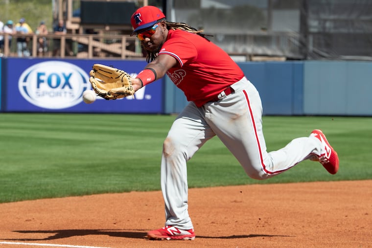 Maikel Franco fields a ball on third base during the second inning of the Philadelphia Phillies' spring training win over the Tampa Bay Rays. Franco hit a home run in the fifth inning.