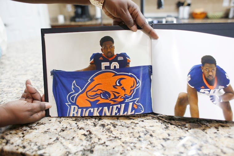 Photos of Calvin "CJ" Dickey, who collapsed while performing drills at the first day of freshman football practice for Bucknell University in 2024. Dickey died in the hospital two days later.