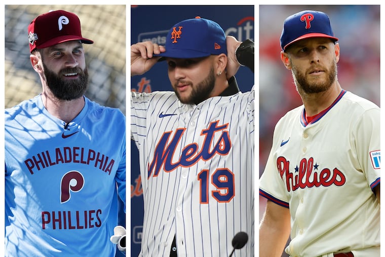 Bo Bichette (center) makes his first visit to South Philly as a Met during a series with Bryce Harper (left), Zack Wheeler and the Phillies June 18-21.