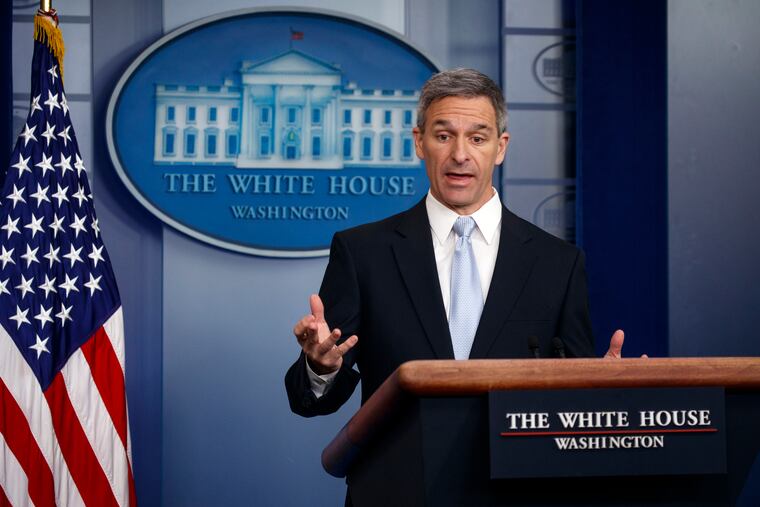 Acting Director of United States Citizenship and Immigration Services Ken Cuccinelli speaks at the White House on Aug. 12, 2019. The next day Cuccinelli suggested in an interview with NPR that the line from a poem inscribed on the Statue of Liberty should be changed to “give me your tired and your poor who can stand on their own two feet and who will not become a public charge."