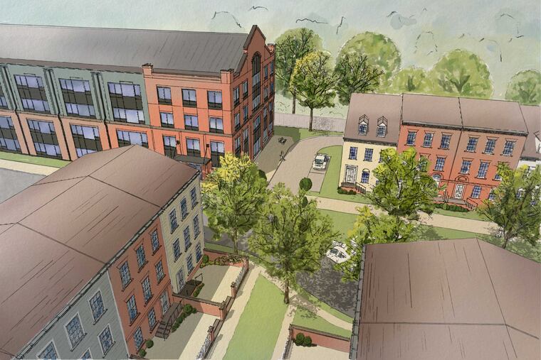 A rendering of a senior apartment building (upper left) and townhouse community planned for Doylestown Township by the Arcadia Land Co. and Pennrose.