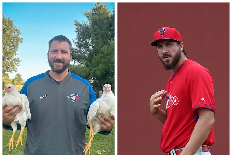 Phillippe Aumont with chickens on his Quebec farm and when he pitched for the Phillies in 2014.