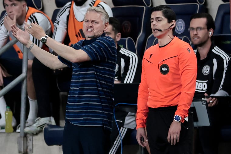 Union’s head coach Bradley Carnell (left) complains to an official during the Columbus Crew vs Philadelphia Union MLS soccer match at Subaru Park in Chester, Pa. on Saturday, May 16, 2026