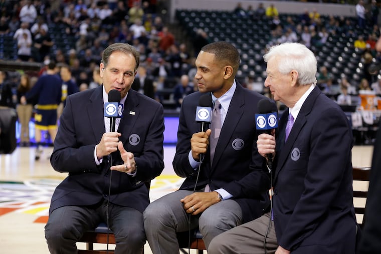 CBS' top college basketball announcing team of (from left to right) Jim Nantz, Grant Hill and Bill Raftery.