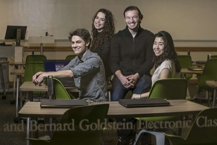 From left to right, Bennet Caraher, Liz Reckart, Anthony Nardone and Jessica Peng are four students from the University of Penn who are one of six finalist teams in the “Imagineering” competition held by Disney. MICHAEL BRYANT/ Staff Photographer