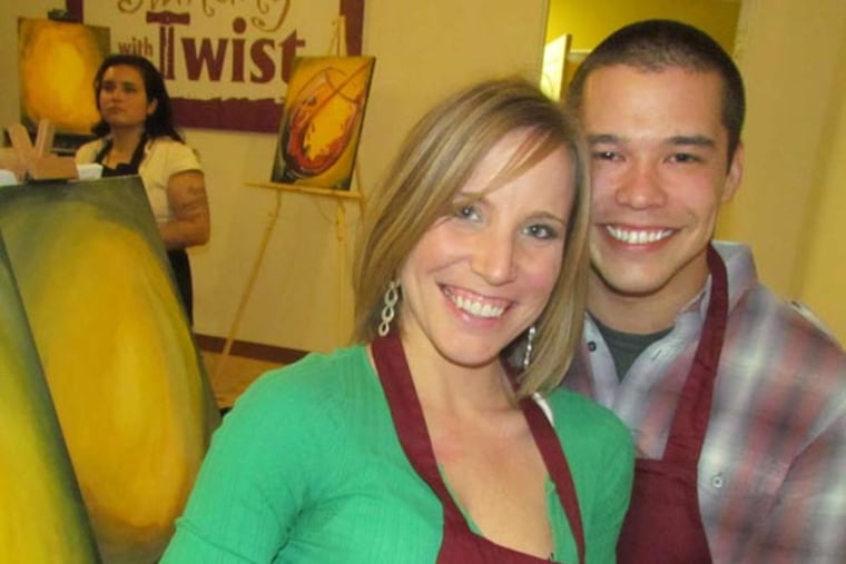 Jeff Land of Marlton and Kristine Overbeck of Marlton at Painting With A Twist on Passyunk Avenue. Credit: Catherine Laughlin