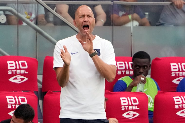 Gregg Berhalter yells from the sideline during the second half Saturday against Uzbekistan. It was his first game after being rehired as the USMNT manager.