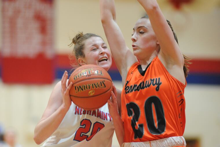Neshaminy's Brooke Mullin driving to the basket as Pennsbury's Ava Sciolla defends on Feb. 7, 2019.