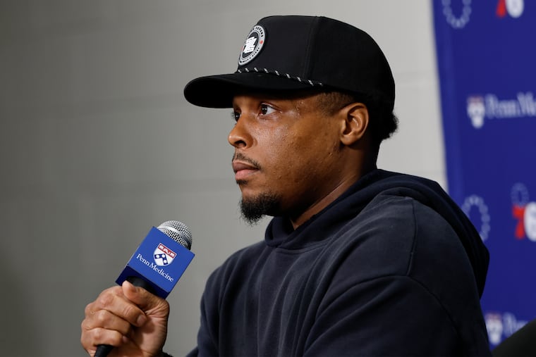 Sixers guard Kyle Lowry meets with the media after the Sixers played the Chicago Bulls on Sunday, April 13, 2025 in Philadelphia.