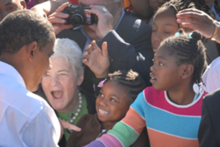 Amid the crowd of supporters greeting Democratic candidate Sen. Barack Obama at the Mayfair Diner yesterday was Philadelphia District Attorney Lynne Abraham (to the right of Obama).
