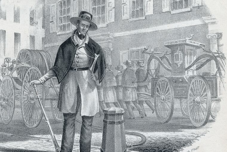Detail from an 1842 lithograph for Francis Johnson's composition, "The Philadelphia Firemen's Anniversary Parade March," depicting a firefighter of Johnson's day.