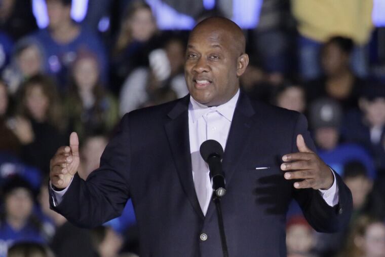 Dwight Evans speaks at a Hillary Clinton rally at Penn's Dunning-Cohen Championship field during the election. The Philadelphia Democrat capped a drastic political turnaround Monday when he was sworn in to the U.S. House of Representatives.