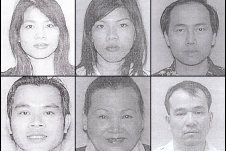 Six people were charged in a major marijuana bust in New Jersey in February. From left: Ngoc Bui, Quyhn Bui, and Tuan Dang, Minh Bui, Nhung Thack, and Thu Nguyen. Dang, Bui, and Nguyen were indicted Thursday.