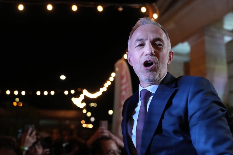 French socialist candidate for Paris mayoral election Emmanuel Gregoire celebrates after he won the second round of France's municipal elections in Paris, France, Sunday, March 22, 2026. (AP Photo/Thibault Camus)