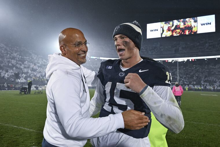 Penn State coach James Franklin and quarterback Drew Allar celebrating a 31-0 win over Iowa on Sept. 23.