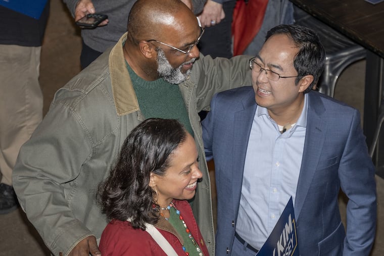 U.S. Rep. Andy Kim (right) with supporters at Double Nickel Brewing Company in Pennsauken, N.J., on Friday, where he officially kicked off his U.S. Senate campaign. Kim (D., Burlington) is running to replace scandal-plagued Sen. Bob Menendez.
