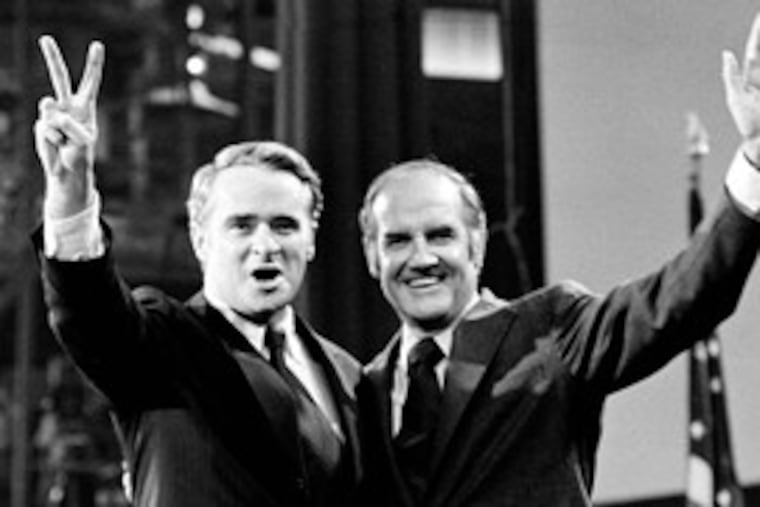 Thomas F. Eagleton (left) joined George McGovern at the 1972 Democratic National Convention. Eagleton left the ticket after revelations that he had been hospitalized for psychiatric treatment.