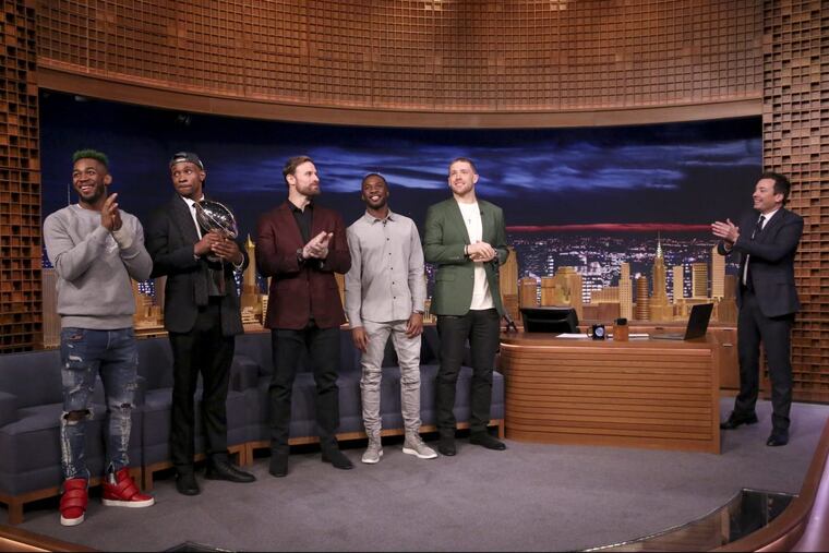 Super Bowl LII Champions the Philadelphia Eagles: Jalen Mills, Alshon Jeffery, Chris Long, Nelson Agholor, Zach Ertz during an interview with host Jimmy Fallon on February 6, 2018 —
